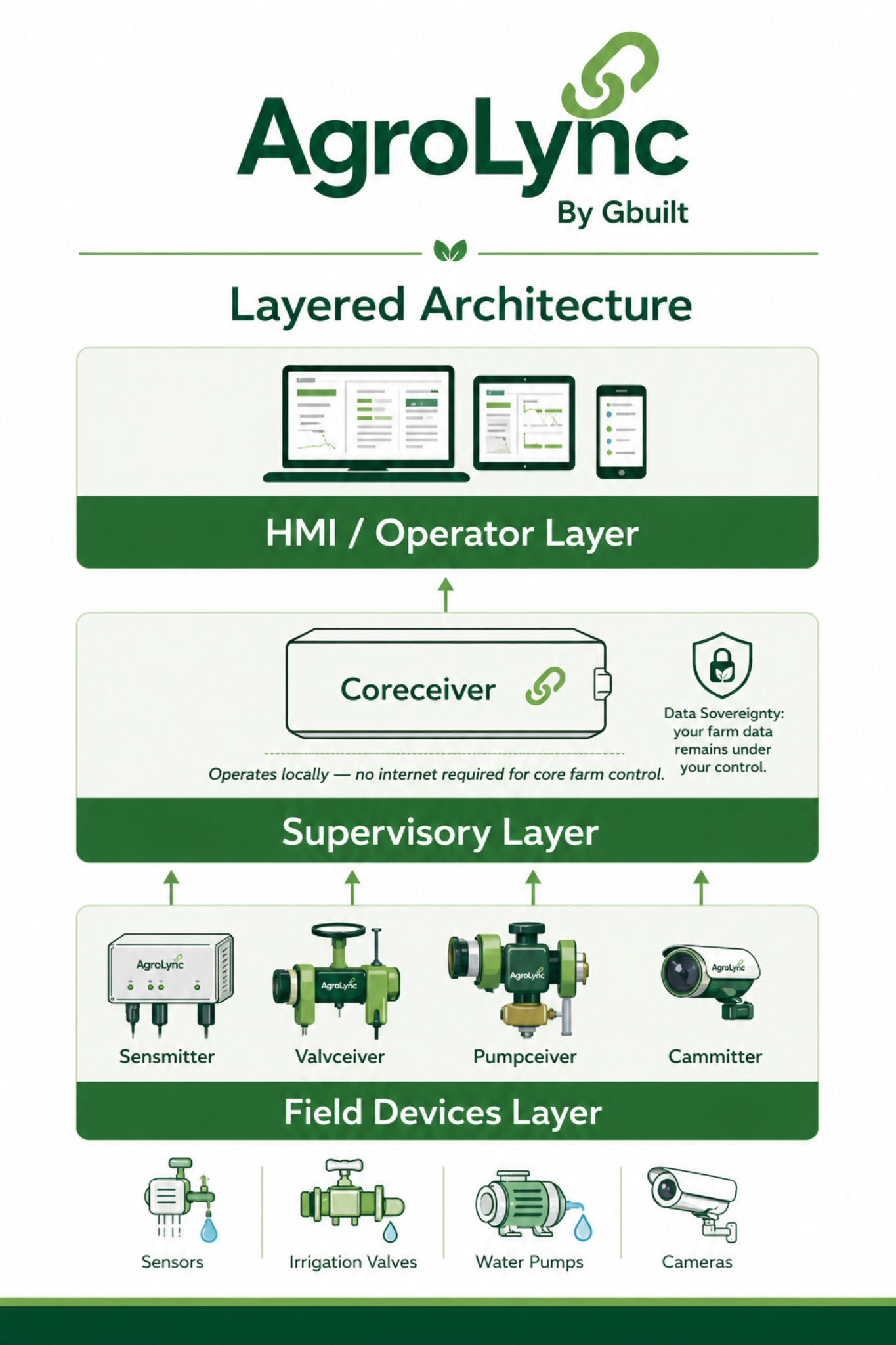 AgroLync layered architecture diagram showing HMI, Coreceiver, field devices, sensors, valves, pumps, and cameras